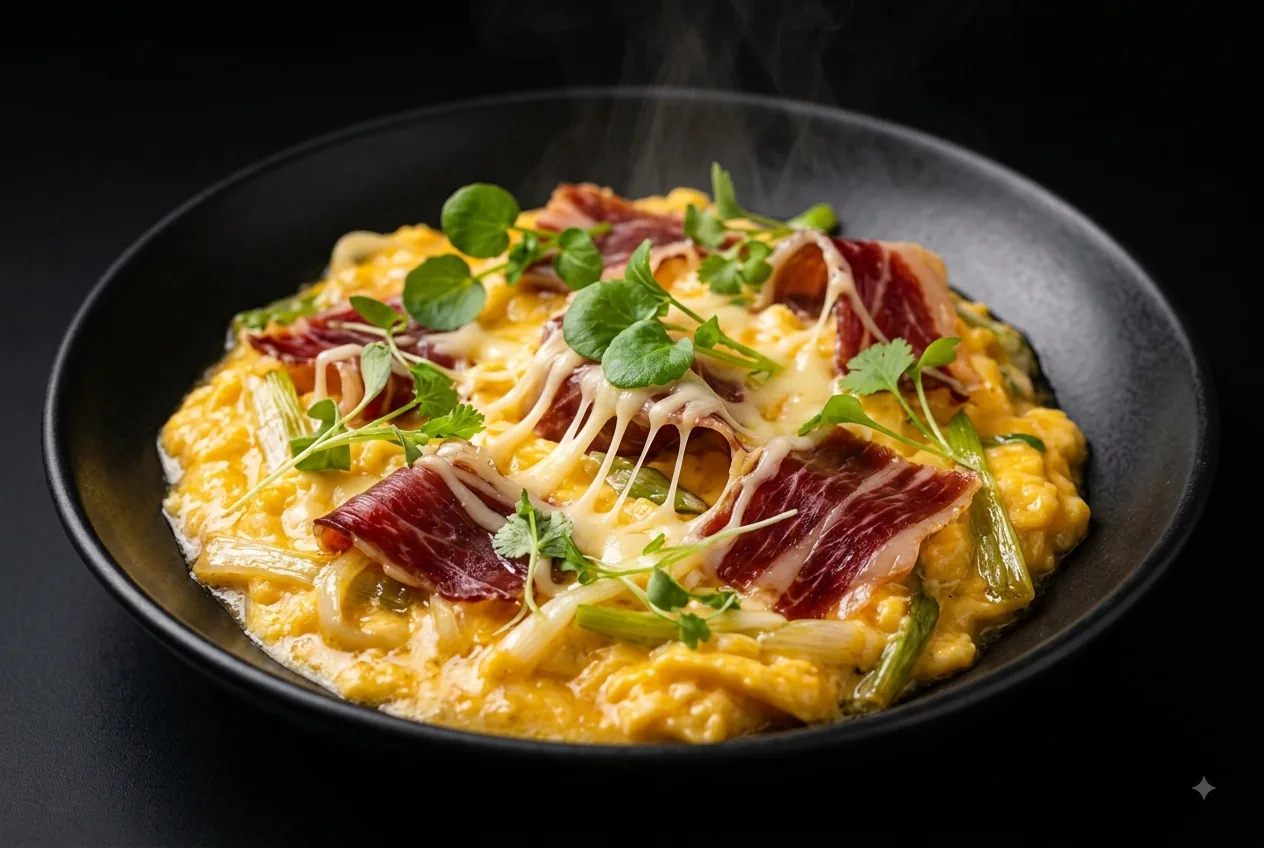 Revuelto de cebolleta, jamón ibérico y queso